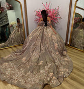 Glitter Ball Gown Sweetheart Neckline Off-Shoulder Tulle Gown with Sweep Train for Quinceanera Sweet 16 & Cocktail Parties